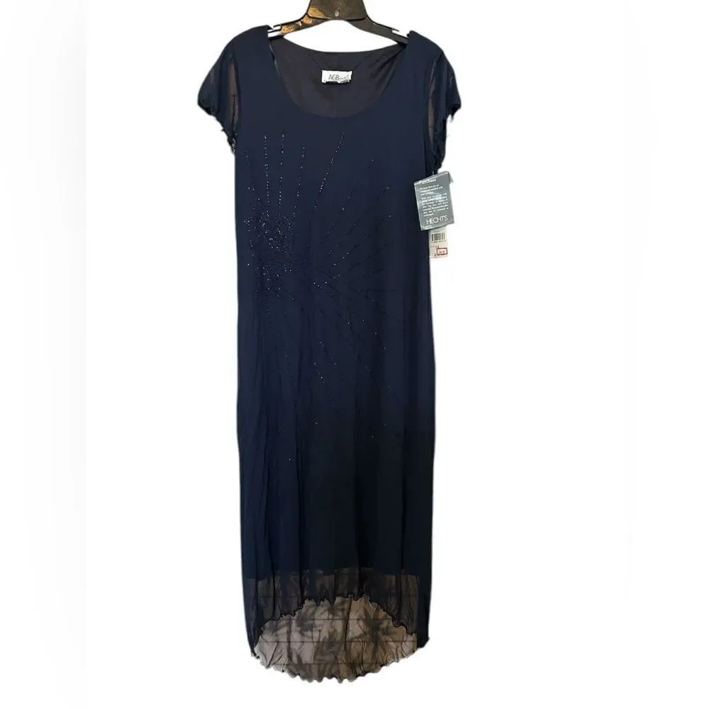 AGB Navy Sheer Overlay Hi lo Beaded Rose Sunburst Ruffle Midi Evening Dress 14